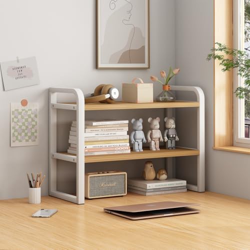 Office Desk Shelf Organizer, Wood Desktop Bookshelf Supplies Storage Rack, Shelf for Top of Desk and Dresser and Cubicle Decor Aesthetic Bookshelf (White Wood-Two Tier) by Janebert