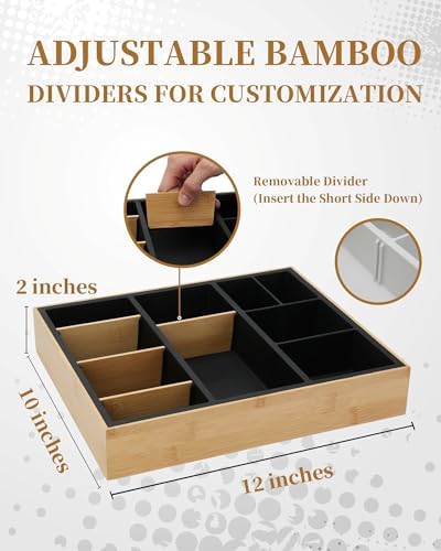 Bamboo Desk Drawer Organizer Tray, Silicone Sturdy Junk Drawer Organizer with 10 Adjustable Compartments, Desk Organizers and Accessories with 4 Removable Dividers for Office Home (White) - Image 4