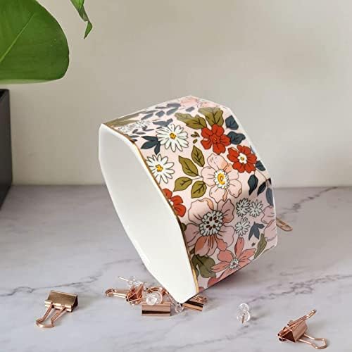 Ceramic Paper Clip Holder Gold Line Paper Clip Dispenser Organizer for Desk Cute Floral Pattern Office Binder Clip Holder Bobby Pin and Hair Clip Holder Gift for Office Pink Flowers - Image 6