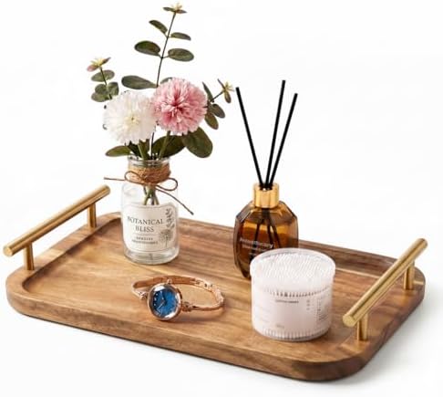 Bathroom Tray for Countertop Organizer,Vanity Tray with Gold Handle, Acacia Wood Tray for Bathroom Decor,Toilet Tank Tray, Multipurpose Organizer Rack for Lavatory Bathroom and Kitchen 11.8"X 7.8" by NHCASURUE