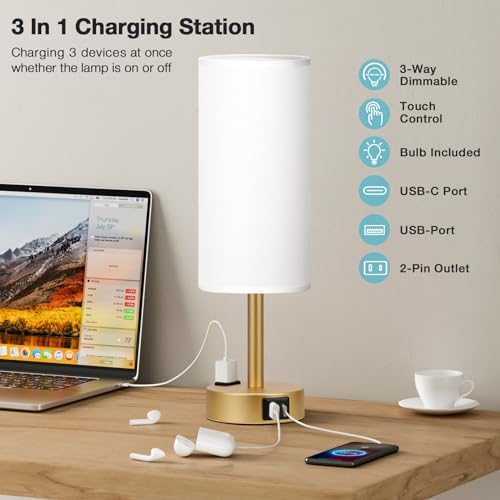 Fenmzee Gold Bedside Lamp for Bedroom, Dimmable Touch, USB A+C, AC Outlet - Image 3