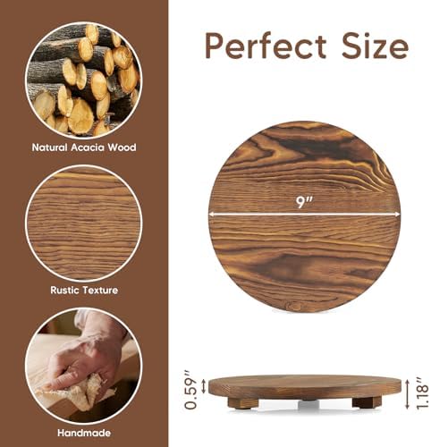 Small Round Decorative Tray Burnt Wood Bathroom Counter Organizer Pedestal Stand Farmhouse Kitchen Decor Wooden Riser for Soap Dish, Perfume, Candle, Sponge, 9" - Brown - Image 2