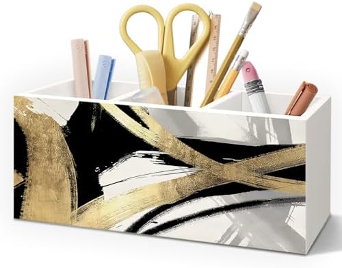 Black White and Gold Pen Pencil Holder for Boho Modern Desk Decor, Abstract Black and Gold Mid Century Modern Wooden Box Decorative Sign for Home Office Desk Tabletop Decor by Unknown