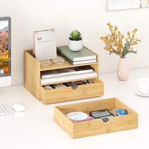 Bamboo Desk Organizer with Drawers, Desktop Storage Box for Office Supplies - Image 5