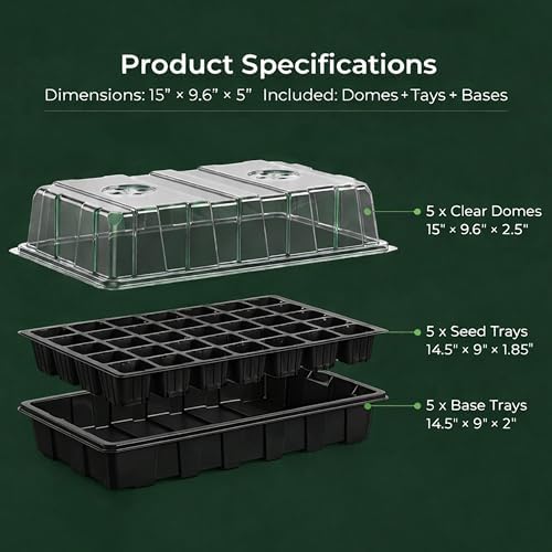 Gardzen 5-Set Seed Starter Tray Kits, Durable Plant Germination Trays with Humidity Vented Domes and Bases, Ideal for Seed Starting, Indoor Gardening, and Greenhouse (Total 200 Cells) - Image 2