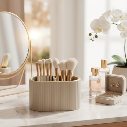 KINGFOM PU Leather Desk Organizer Pen Holder – Dual-Compartment Stylish Pencil Cup Remote Control Holder Desktop Supplies and Accessories Organizer Caddy for Office Home School (Mocha Beige) - Image 3