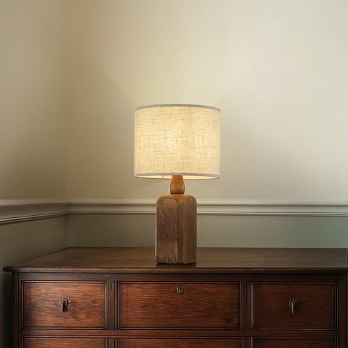 18in Farmhouse Traditional Natural Brown Solid Wood Base Table Lamp with Beige Fabric Shade for Bedroom Living Room - Image 5