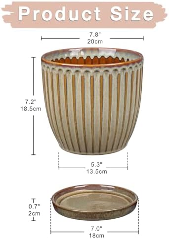 Oairse Ceramic Pots for Indoor Plants, 7.8 inch Pots for Plants Brown Planters with Drainage Holes and Saucers Texture Ceramic Planters Indoor Outdoor for Succulent - Image 3