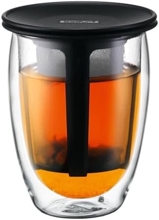 Bodum 12oz Tea Strainer w/Lid, Double Wall, High-Heat Borosilicate Glass, Black by Bodum