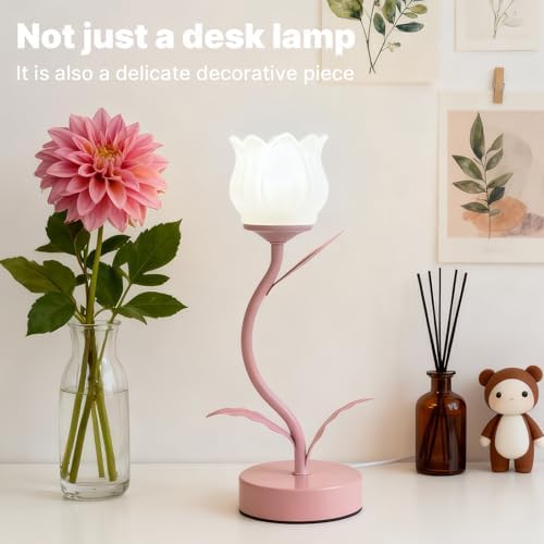 Tulip Lamp for Bedroom, Cute Flower Table Lamp with G9 LED Bulb, 3 Color Temperature Bedside Lamp, Vintage Kawaii Desk Lamp for Nightstand Living Room, Pink - Image 6