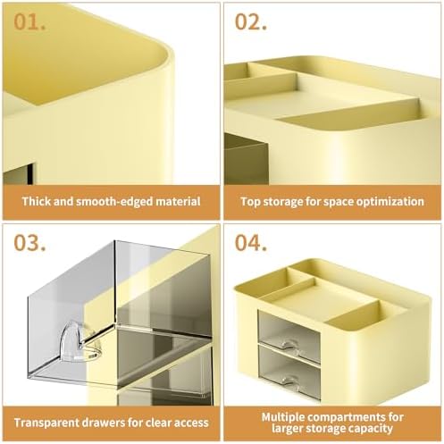 Marbrasse Pen Organizer with 2 Drawer, Multi-Functional Pencil Holder for Desk, Desk Organizers and Accessories with 5 Compartments + Drawer for Office Art Supplies (Yellow) - Image 4