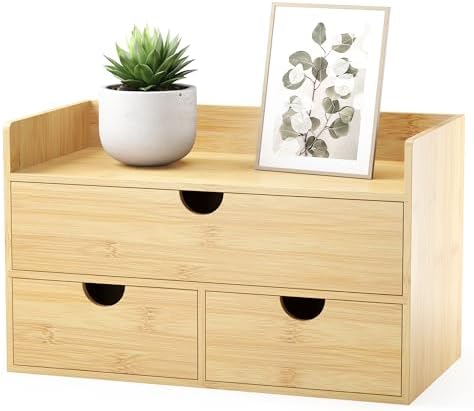 Bamboo Desk Organizer with Drawers, Desktop Storage Box for Office Supplies by WisuceHome