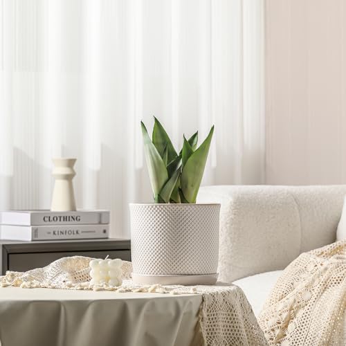 8 Inch Plant Pots: Ceramic Planter with Drainage Hole & Saucer - Flowerpot for Indoor & Outdoor Plants - Beaded Embossed Design White - with Separate Tray - Image 6