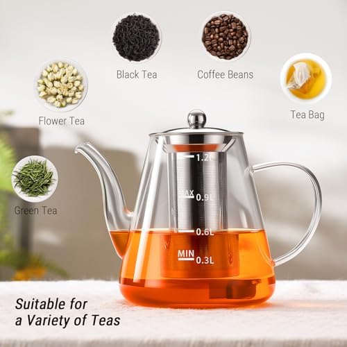 PARACITY 44oz Glass Teapot with Infuser, Stovetop Tea Pot with Scale, Clear - Image 6