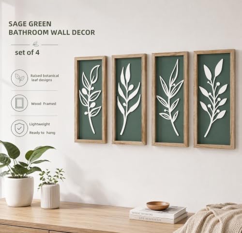 3D Tree Leaf Boho Wall Art, Sage Green, Wooden Framed, Set of 4 - Image 5