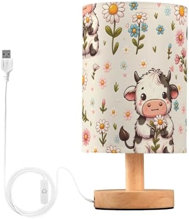 ALAZA Cow Daisy Farm Animal Lamp for Girls Boys Bedroom Bedside Table Lamp with USB Port LED Kids Nightstand Lamp Wood Base Desk Living Room Decor by ALAZA
