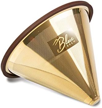 BLUE BREW Pour Over Coffee Filter, Titanium Coated Stainless Steel Coffee Filter, Paperless & Reusable Pour Over Coffee Maker, Double-Layered Mesh Coffee Cone (1-4 Cups), BB1004 by BLUEBREW