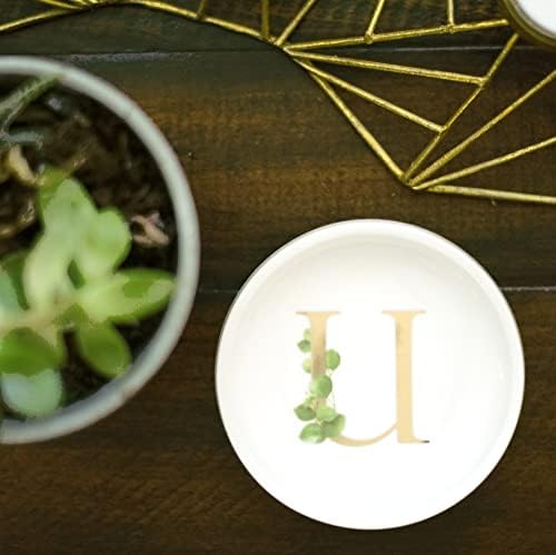 Trinket Tray Ring Dish with Personalized U in Gold Foil and Greenery - White Ring Dish- Monogrammed Trinket Dish or Jewelry Bowl - Cedar & Ink (U) - Image 2