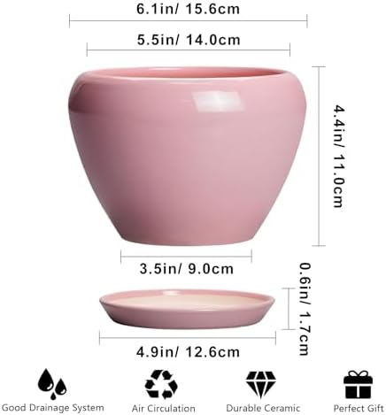 Ceramicfor 6 Inch Plant Pot - Ceramic Pot for Indoor Plants, Glaze Modern Decorative Round Ceramic Planter with Drainage Hole and Saucer, Plant Lover Gifts, Home Garden Room Office Decor, Pink - Image 3
