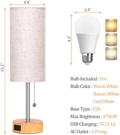 Dott Arts Table Lamp for Bedroom, 3-Color Bedside Lamps with Pull Chain - Image 3
