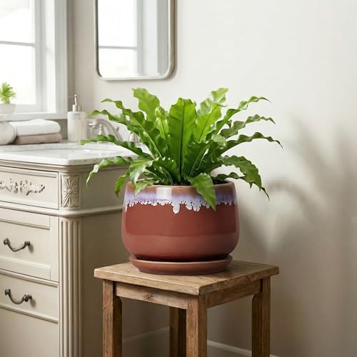 9 Inch Ceramic Planter, Indoor Planters with Drainage, Red-Purple - Image 6