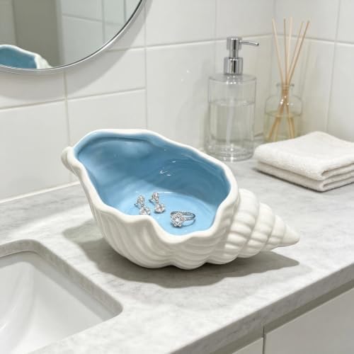 Jewelry Dish Tray For Coastal Beach Room Decor, Cute Ceramic Ring Holder Gift for Mom Sister Women Friends, Decorative Jewelry Organizer Tray for Rings Earrings Necklaces Keys (Blue Conch) - Image 6