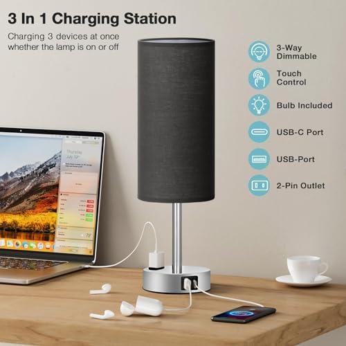 Fenmzee Black Bedside Lamp for Bedroom, Dimmable Touch, USB A+C, AC Outlet - Image 3