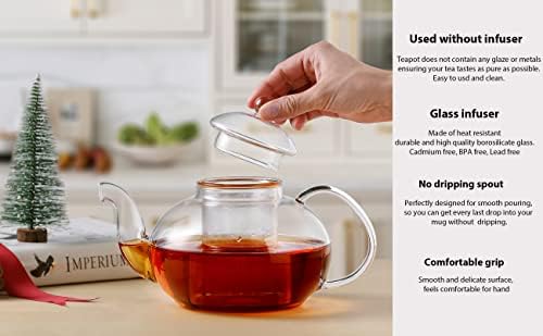 CNGLASS Glass Teapot Stovetop Safe,Clear Teapot with Removable Infuser 20.3 oz,Loose Leaf and Blooming Tea Maker - Image 4