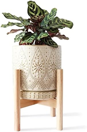 8 Inch Plant Pot with Stand, Ceramic Planter with Drainage Holes, Saucers and Mesh Pads for Indoor-Outdoor Plants by YFFSRJDJ