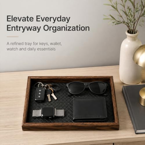 Wooden Valet Tray, 12X8 Inch Desk Organizer with Leather Base, Entryway Bedside Dump Holder for Wallets, Keys, Watches, Jewelry & Sunglasses(Black) - Image 5