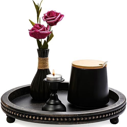 KULEDM Wooden Tray Decor, Small Beaded Coffee Table Tray Decor, Black Round Decorative Tray for Coffee Table, Dining Room Table Entryway and Living Room Table by KULEDM