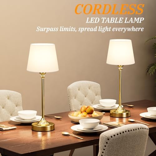 Kakanuo Cordless Table Lamps Rechargeable Set - 2 Pack Gold 4000mAH Battery Operated Lamps for Decor, 3000K Stepless Dimming Touch Wireless Lamp for Bedroom, Dining Table, Living Room, White Shade - Image 4