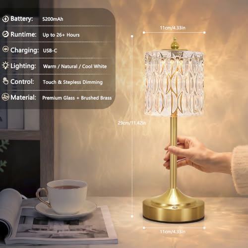 Cordless Table Lamp, 5200mAh Rechargeable Clear Glass Touch Lamp - Image 4