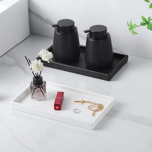 Bathroom Vanity Tray - 11'' Ceramic Rough-Textured Rectangle Countertop Tray, Heavy-Duty Organizer Plate for Perfume, Jewelry, Candles, Soap Dispenser, Kitchen Decorative Stone Trays, White - Image 5