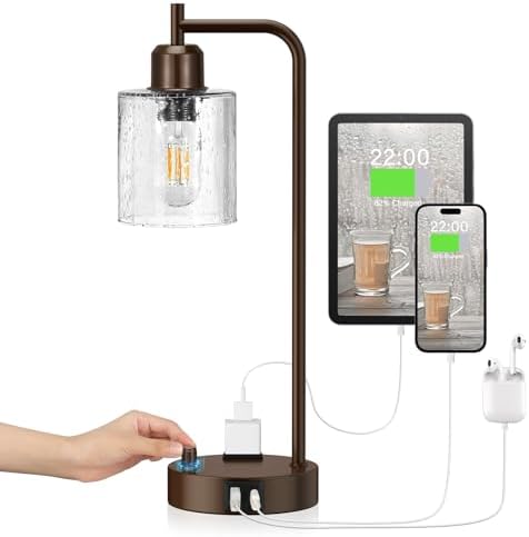 Innqoo Brown Industrial Bedside Table Lamp for Bedroom - Nightstand Lamps with USB C Charging Port, Fully Dimmable Black Ports and Outlets, Small Desk Glass Shade Office Living Room - Image 7