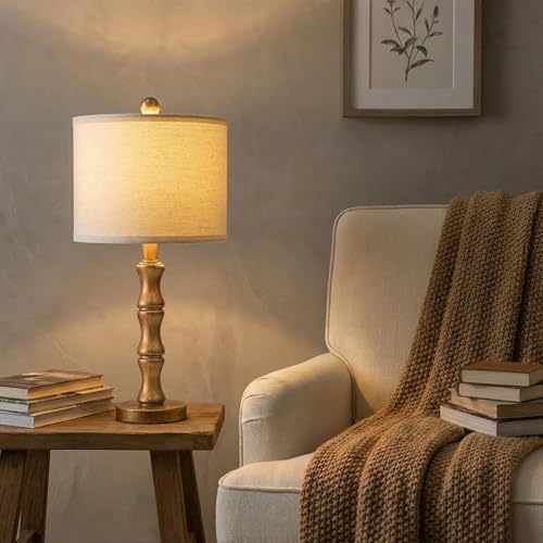 BOBOMOMO 20.5" Vintage Nightstand Lamps Set of 2, Farmhouse Table Lamps with Antique Gold Resin Base & Linen Shade, Small Bedside Lamp for Bedroom, Living Room, Office & Elegant Home Décor - Image 5