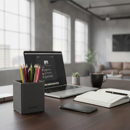 UnionBasic Square Pen Holder, Faux Leather Pencil Cup, Desktop Caddy Stationery Organizer, Barry Grey - Image 2