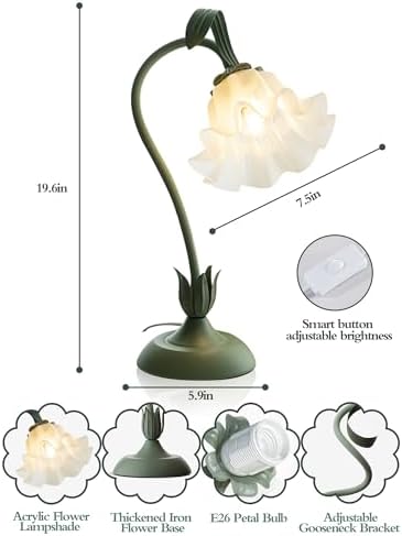 Flower Table Lamp, LED Reading Light Bedside Vintage Night Light (Green) - Image 5