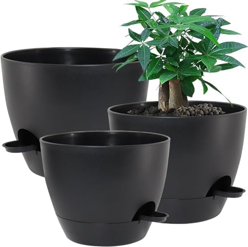 UOUZ Large Self Watering Pots, 12/10/9 Plastic Planters with High Drainage Holes and Deep Reservoir for Indoor Outdoor Garden Plants and Flowers, Black by UOUZ