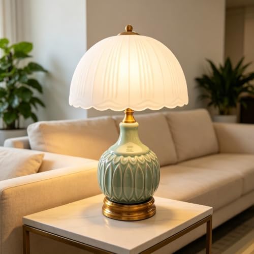 Vintage Ceramic Table Lamp, Green Nightstand Lamp with Pleated Glass Shade, Decorative Desk Lamp for Bedroom Living Room Dining Room by Unknown