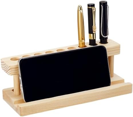 PH PandaHall Wooden Pen Display Stand Wood Pencil Holder for Desk, Solid Wood Pen Organizer with 9 Slots and Phone Holder for School Office Home Store, 7.87x3.15x2.68 inches by PHPandaHall