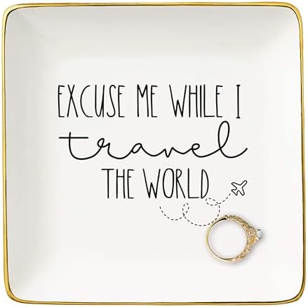 NZY Excuse Me while I Travel the World,World Traveler Gifts,Vacation Gifts,Adventure Gifts,Gift for Traveler,Funny Travel Lovers Christmas Gifts-Ceramic Jewelry Tray Trinket Holder Ring Dish by NZY