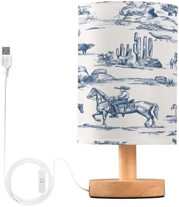 ALAZA Bedside Table Lamp Western Cowboy Equestrian Horse Blue Lamp for Girls Boys Bedroom with USB Port LED Kids Nightstand Lamp Wood Base Desk Living Room Decor by ALAZA