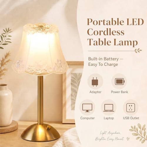 Liliful 2 Pcs Cordless Table Lamp LED Touch, Gold, Floral Lace Style - Image 3