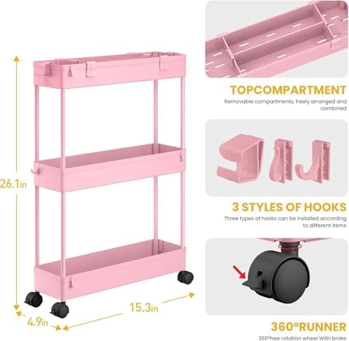 2 Pack 3 Tier Slim Storage Cart, Bathroom Rolling Utility Organizer - Image 2