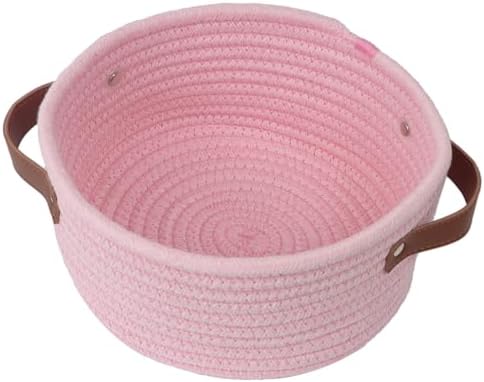 Small Woven Cotton Rope Basket with Leather Handle, Pink by Togous