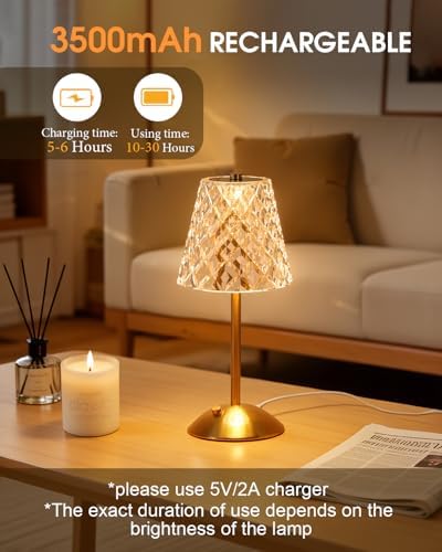 Nusogon Rechargeable Cordless Table Lamp, Gold Small Battery Powered Lamp - Image 5