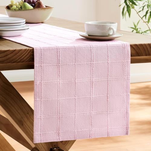 ZeeMart Linen Checked Farmhouse Table Runner, 13x60 Inches Pink - Image 4