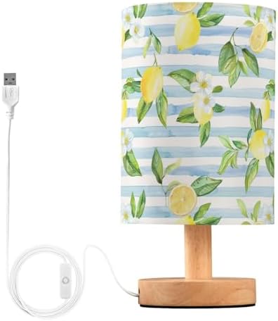 Fustylead Watercolor Floral Lemon Table Lamp for Bedroom USB Port Lamps Small Accent Table Lamp Nightstand Lamp Study Linen Shade with Wooden Base, Decorative Lamps for Bedside Reading|Kids|Dorm|Home by Fustylead
