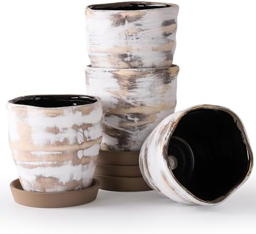 Modern Irregular Ceramic Planter Set of 4, 4 Inch Small Unique Reactive Glaze Flower Pots with Drainage Holes & Saucers - Indoor Outdoor Decorative Succulent Orchid Pots- Light Brown by Unknown
